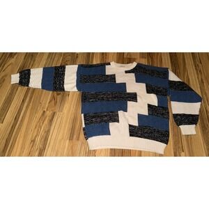 VTG Ashley Knit USA Sweater Men's XL Striped Blue‎ Black Ivory Cotton
